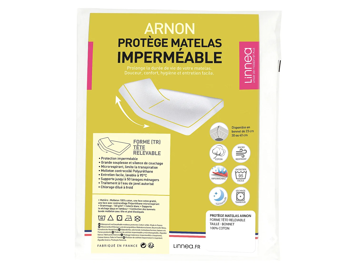 Protège matelas imperméable ARNON 2x100x220 cm lit articulé TR bonnet 40 cm molleton coton contrecollé polyuréthane