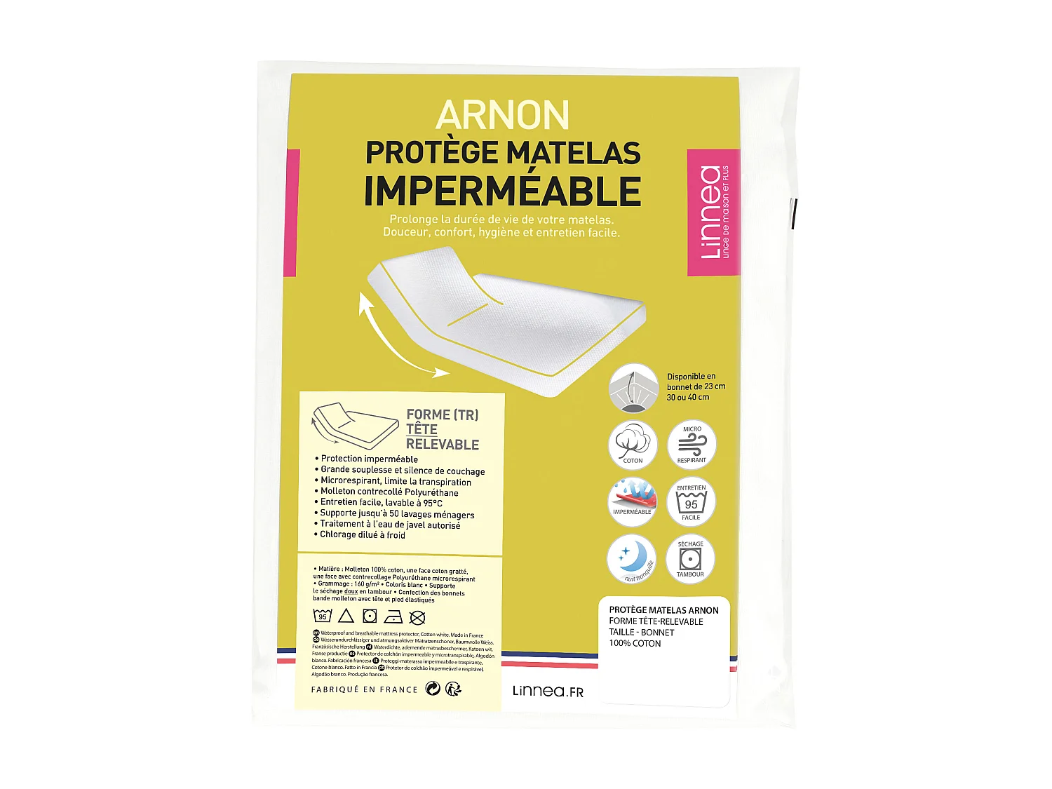 Protège matelas imperméable 2x100x220 cm lit articulé TR bonnet 30cm ARNON molleton coton contrecollé polyuréthane