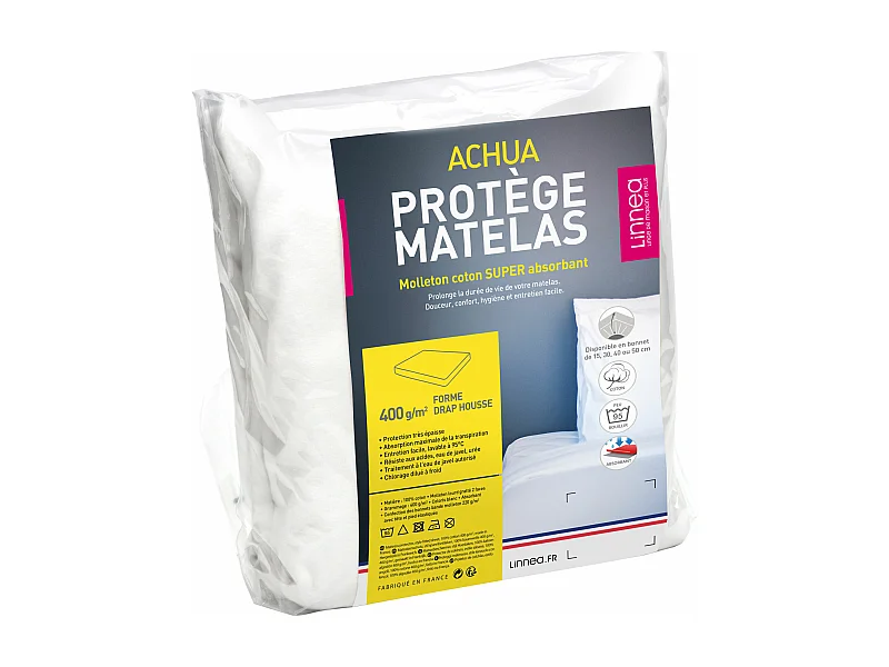 Protège matelas 80x190 cm ACHUA Molleton coton 400 g/m2  bonnet 40cm