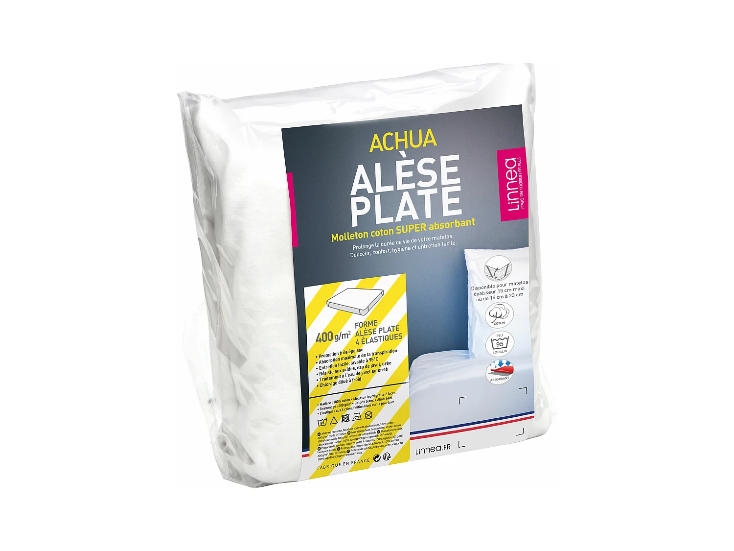 Alèse plate 130x190 cm ACHUA Molleton coton 400 g/m2  matelas 15cm à 23cm