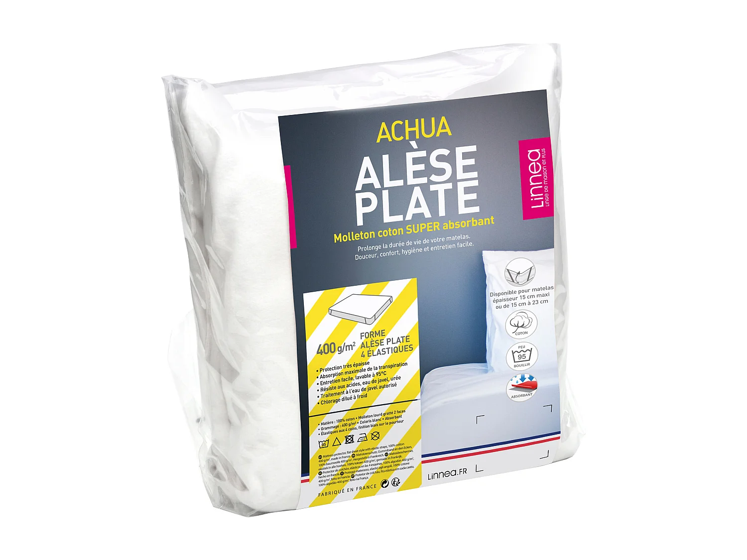 Alèse plate 90x190 cm ACHUA molleton coton 400 g/m² matelas 15cm à 23cm