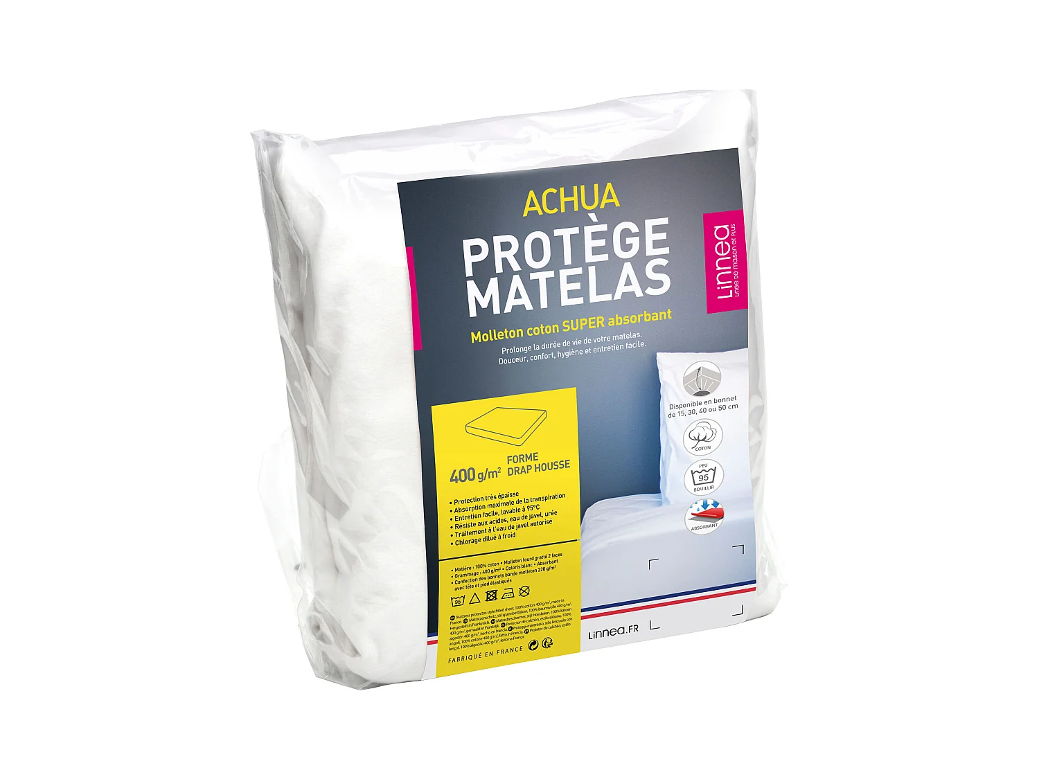Protège matelas 80x200 cm ACHUA Molleton coton 400 g/m2  bonnet 30cm