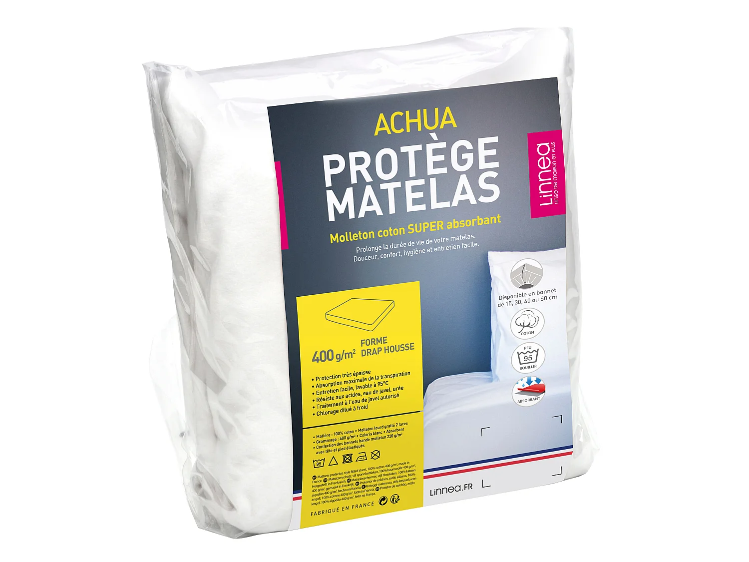 Protège matelas 100x190 cm bonnet 50 cm ACHUA molleton coton 400 g/m²