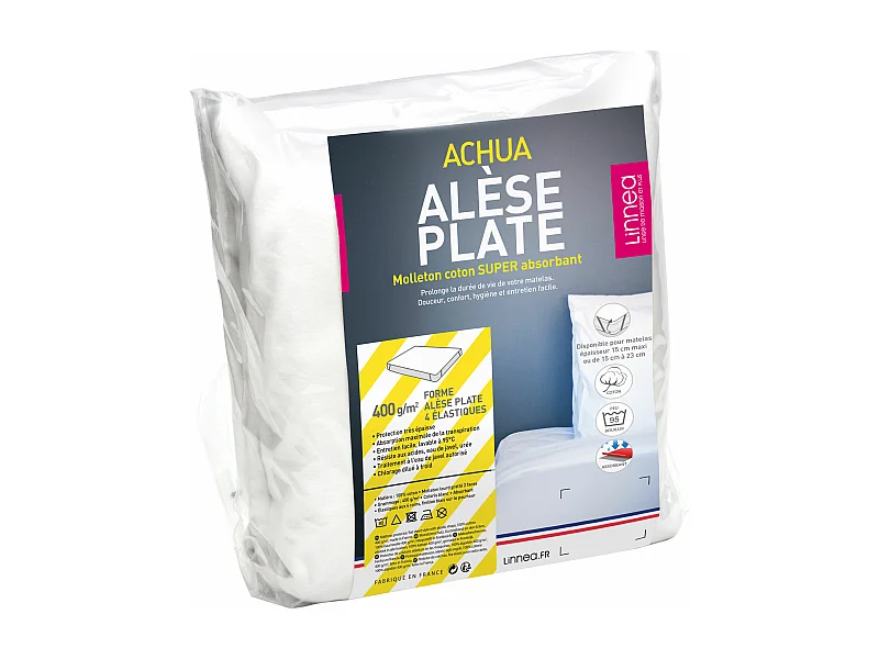Alèse plate 80x200 cm ACHUA molleton coton 400 g/m² matelas 15cm à 23cm