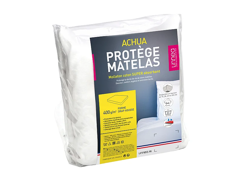 Protège matelas 130x190 cm ACHUA Molleton coton 400 g/m2  bonnet 40cm