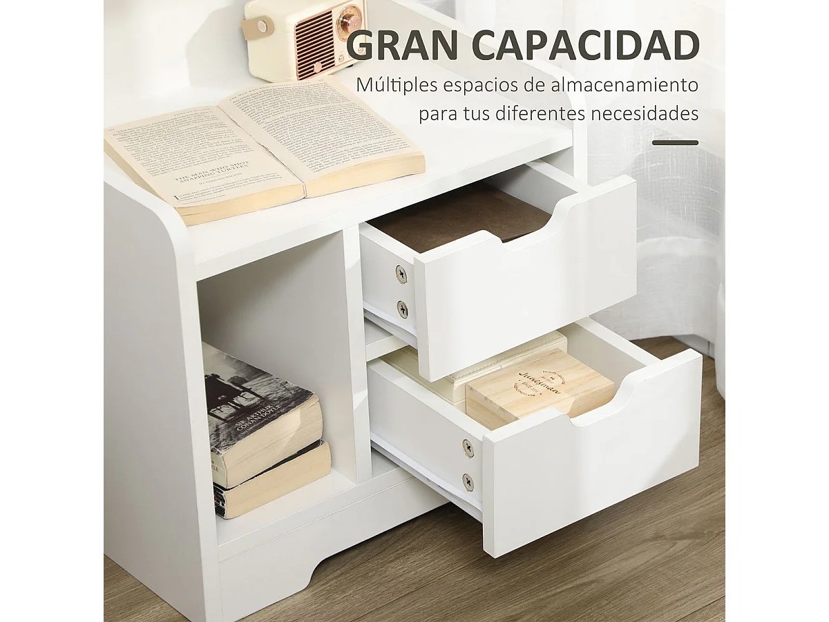 Mesita de noche Corfu Homcom 2 cajones + 3 compartimentos blanco 60x40x30 cm