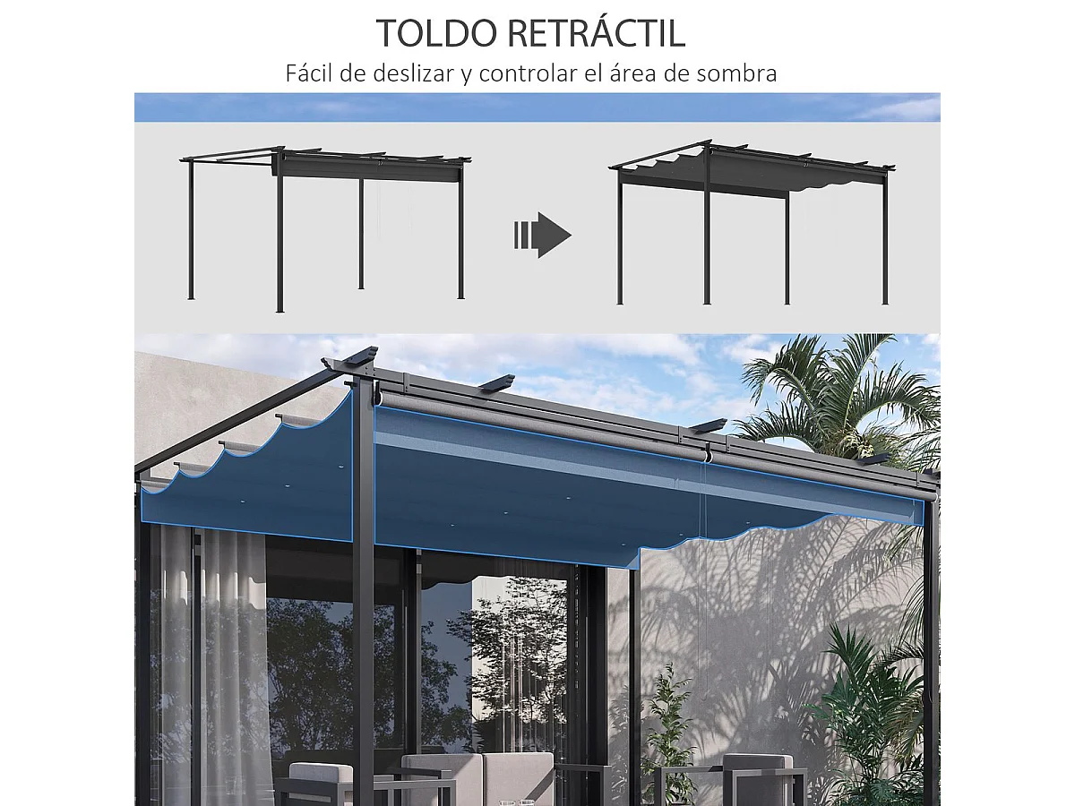 Pérgola de jardín Outsunny techo retráctil 4 cortinas enrollables gris oscuro 4x3m