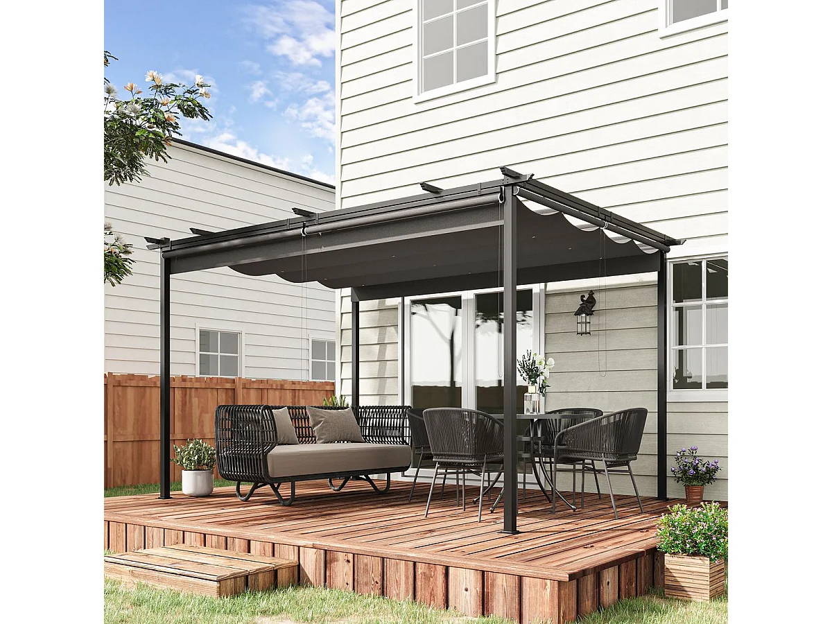 Pérgola de jardín Outsunny techo retráctil 4 cortinas enrollables gris oscuro 4x3m