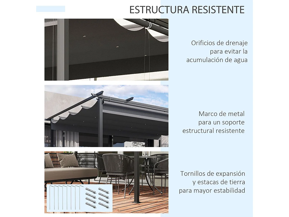 Pérgola de jardín Outsunny techo retráctil 4 cortinas enrollables gris oscuro 4x3m