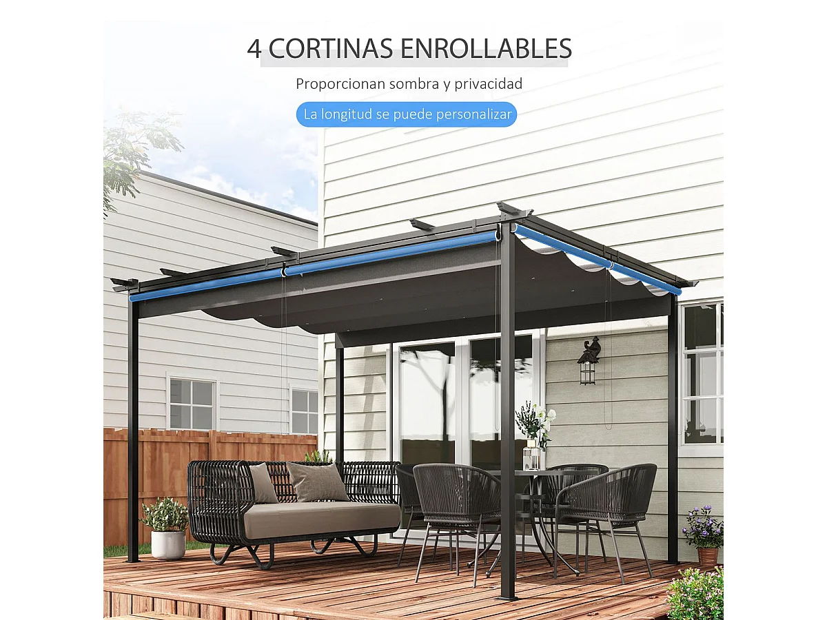 Pérgola de jardín Outsunny techo retráctil 4 cortinas enrollables gris oscuro 4x3m