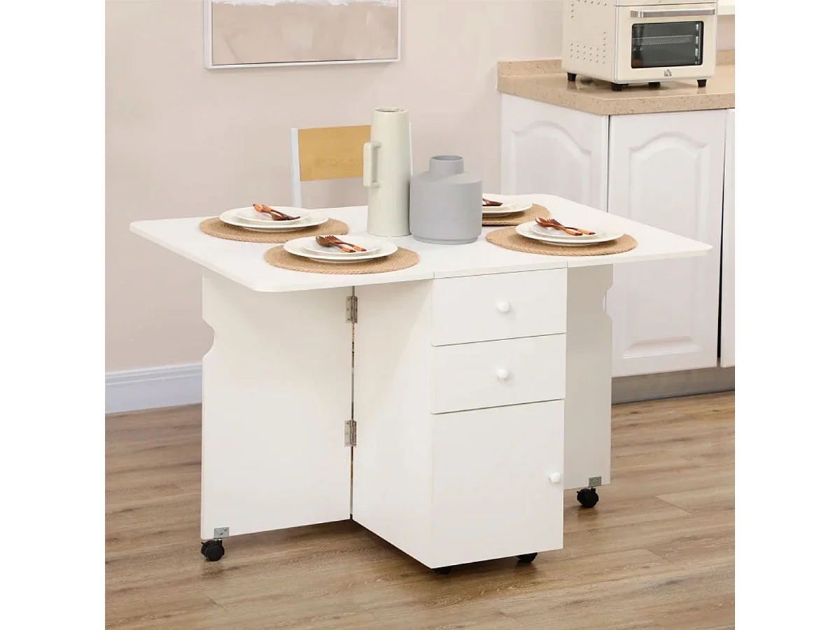 Mesa de comedor Oke Homcom plegable 2 cajones + 1 armario + ruedas blanco 75x35-120x80 cm