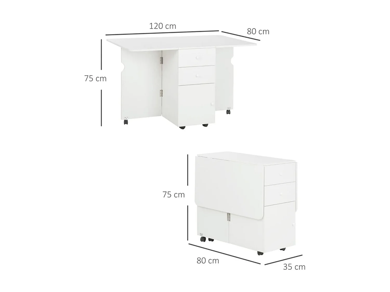 Mesa de comedor Oke Homcom plegable 2 cajones + 1 armario + ruedas blanco 75x35-120x80 cm