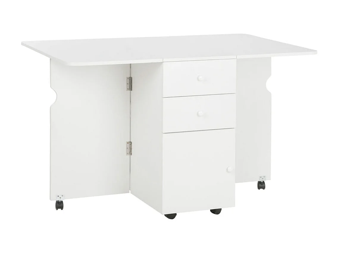 Mesa de comedor Oke Homcom plegable 2 cajones + 1 armario + ruedas blanco 75x35-120x80 cm