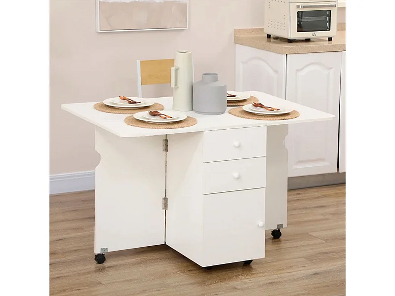 Mesa de comedor Oke Homcom plegable 2 cajones + 1 armario + ruedas blanco 75x35-120x80 cm