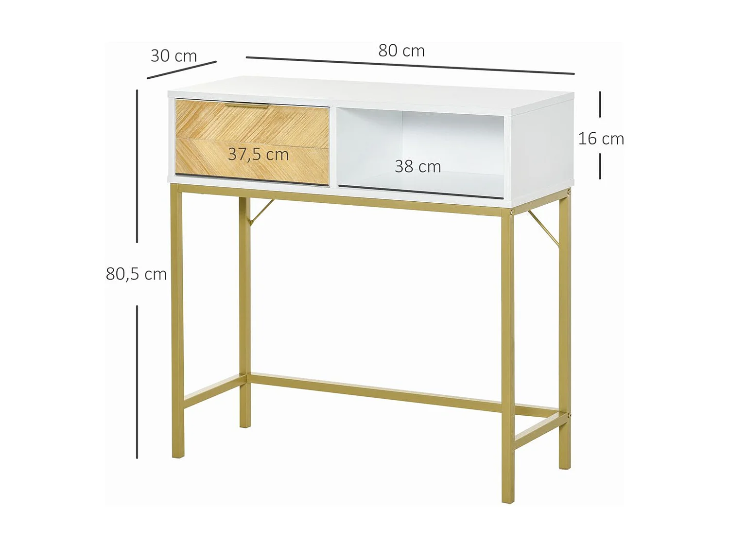 Mueble recibidor Caps Homcom cajón + estante abierto blanco/dorado 80,5x80x30 cm