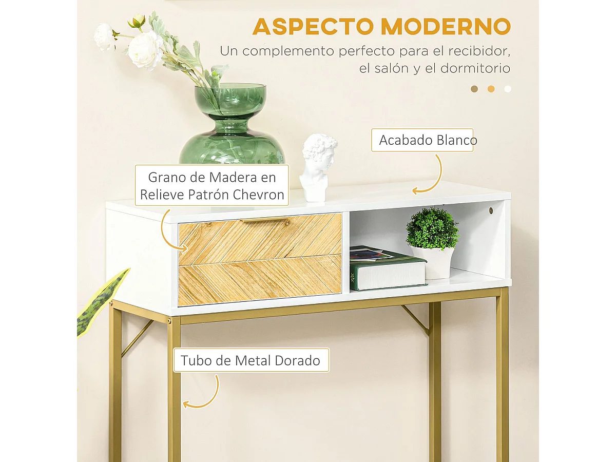 Mueble recibidor Caps Homcom cajón + estante abierto blanco/dorado 80,5x80x30 cm