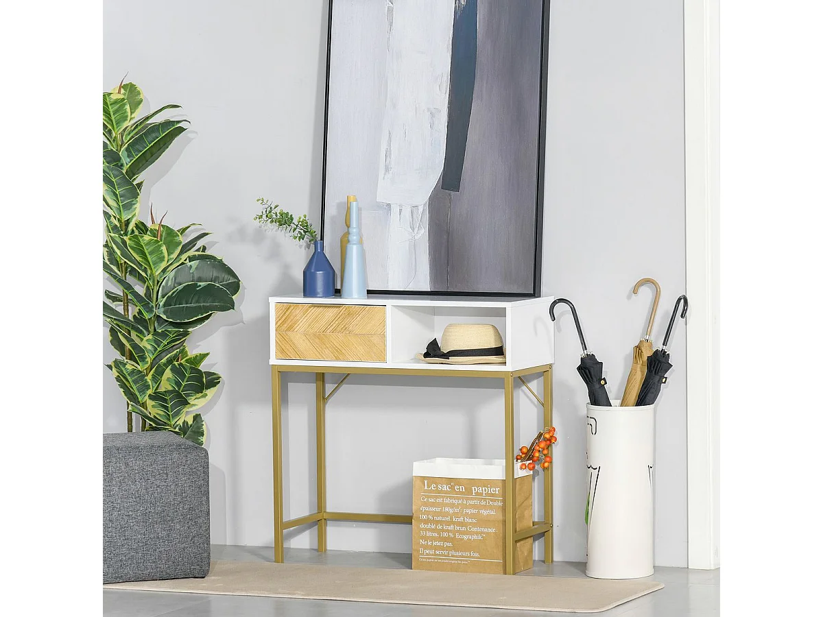 Mueble recibidor Caps Homcom cajón + estante abierto blanco/dorado 80,5x80x30 cm