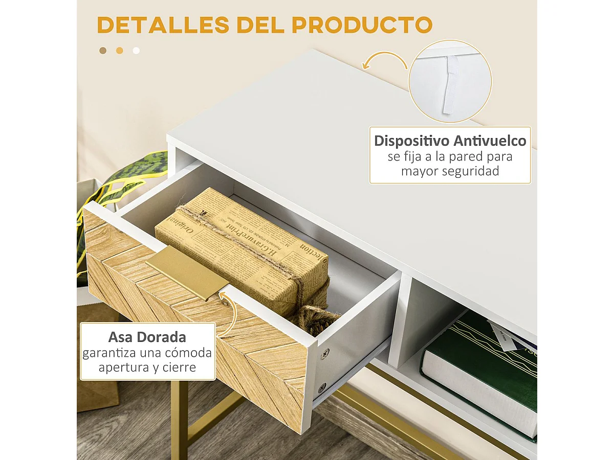 Mueble recibidor Caps Homcom cajón + estante abierto blanco/dorado 80,5x80x30 cm