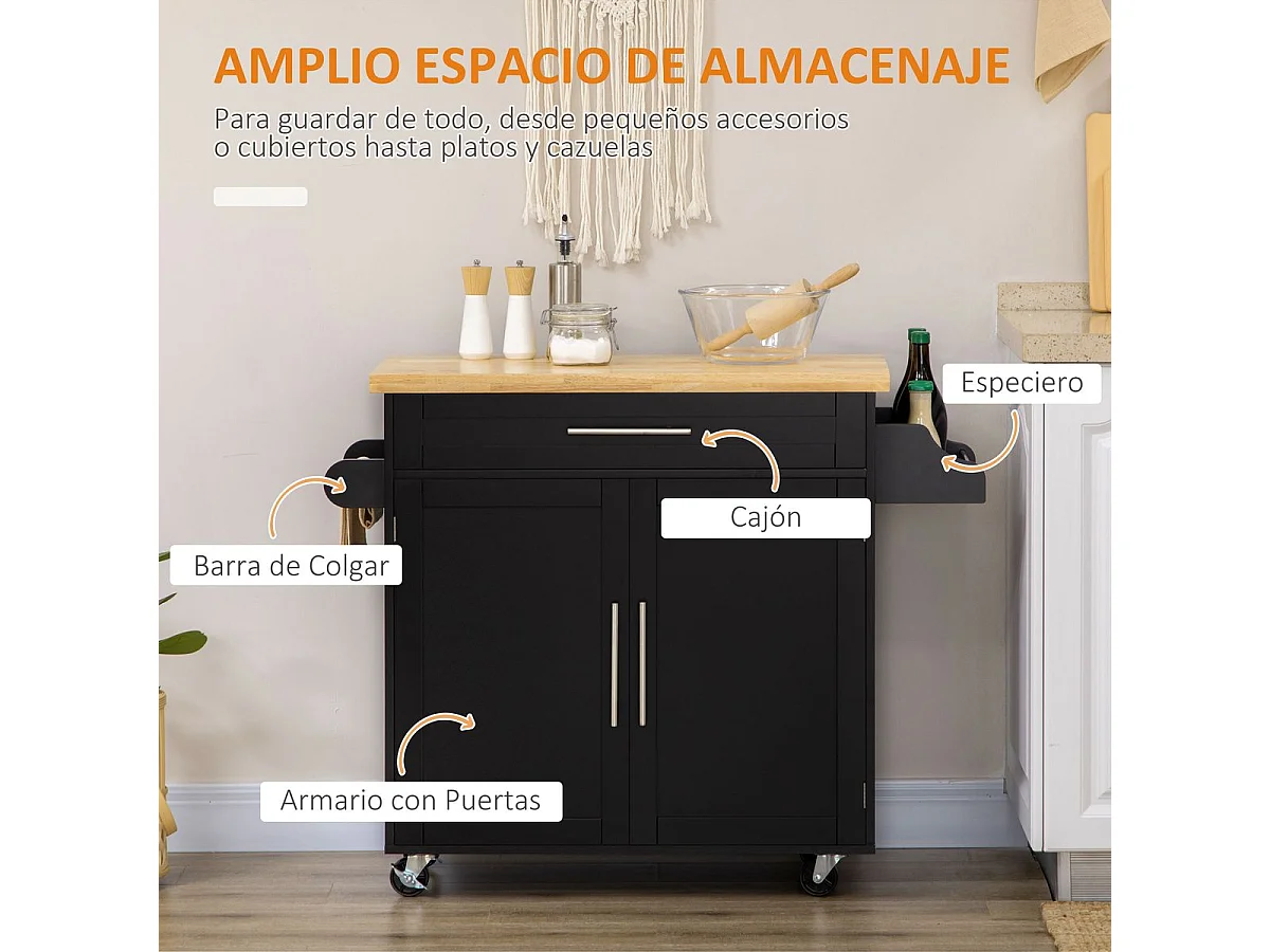 Carrito auxiliar Tea Homcom con ruedas negro 89x109x40 cm