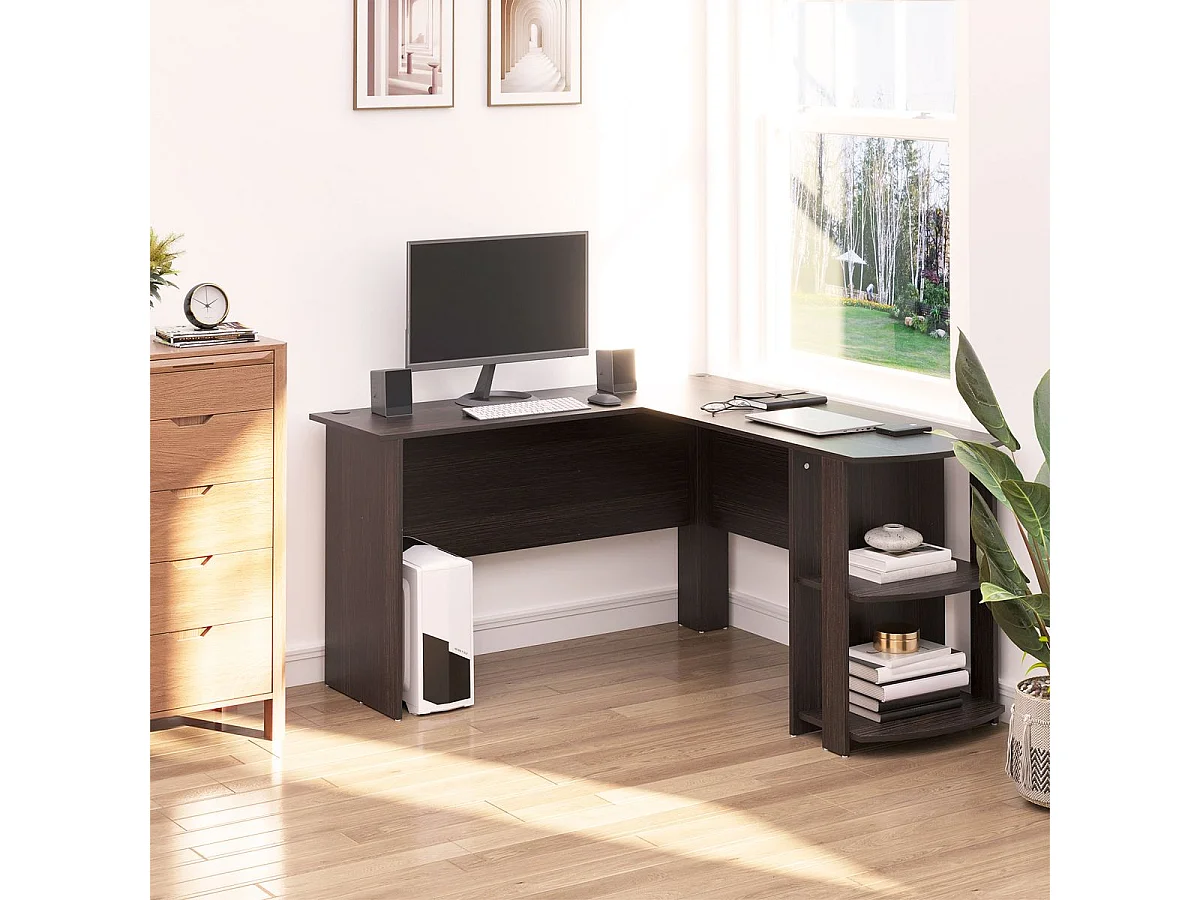 Mesa de escritorio Alpes Homcom esquinero con estantes madera 72x136x130 cm