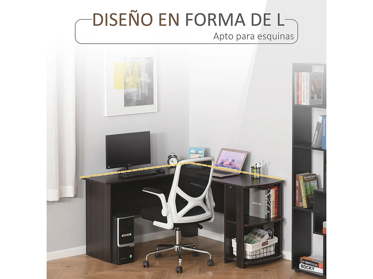 Mesa de escritorio Alpes Homcom esquinero con estantes madera 72x136x130 cm