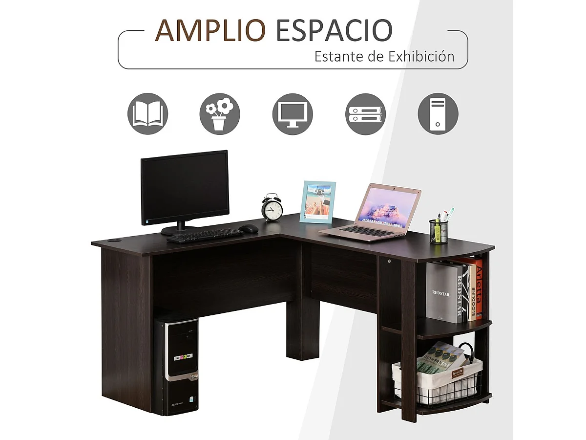 Mesa de escritorio Alpes Homcom esquinero con estantes madera 72x136x130 cm