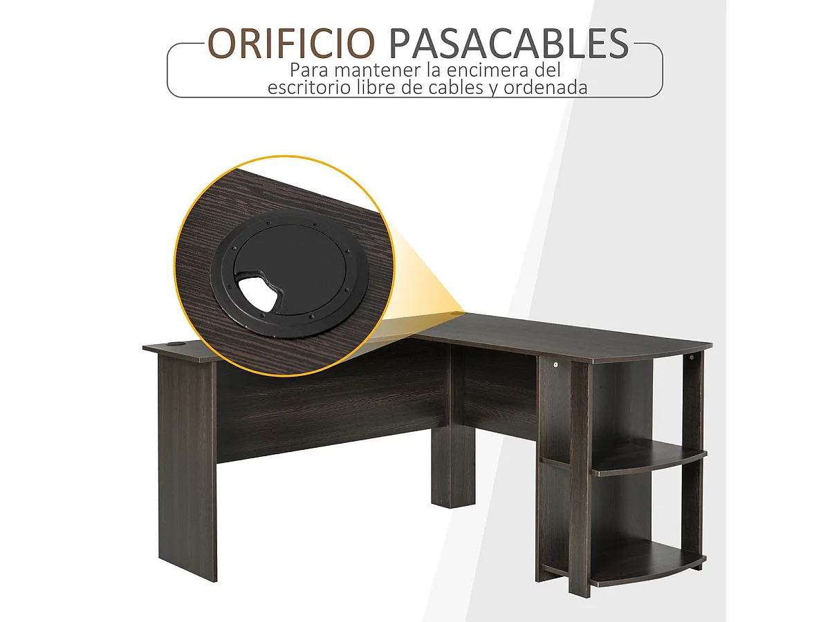 Mesa de escritorio Alpes Homcom esquinero con estantes madera 72x136x130 cm