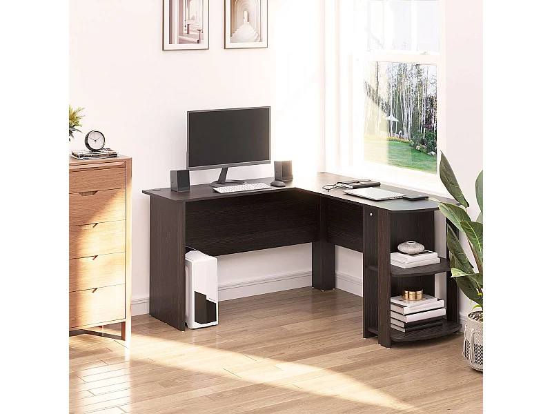 Mesa de escritorio Alpes Homcom esquinero con estantes madera 72x136x130 cm