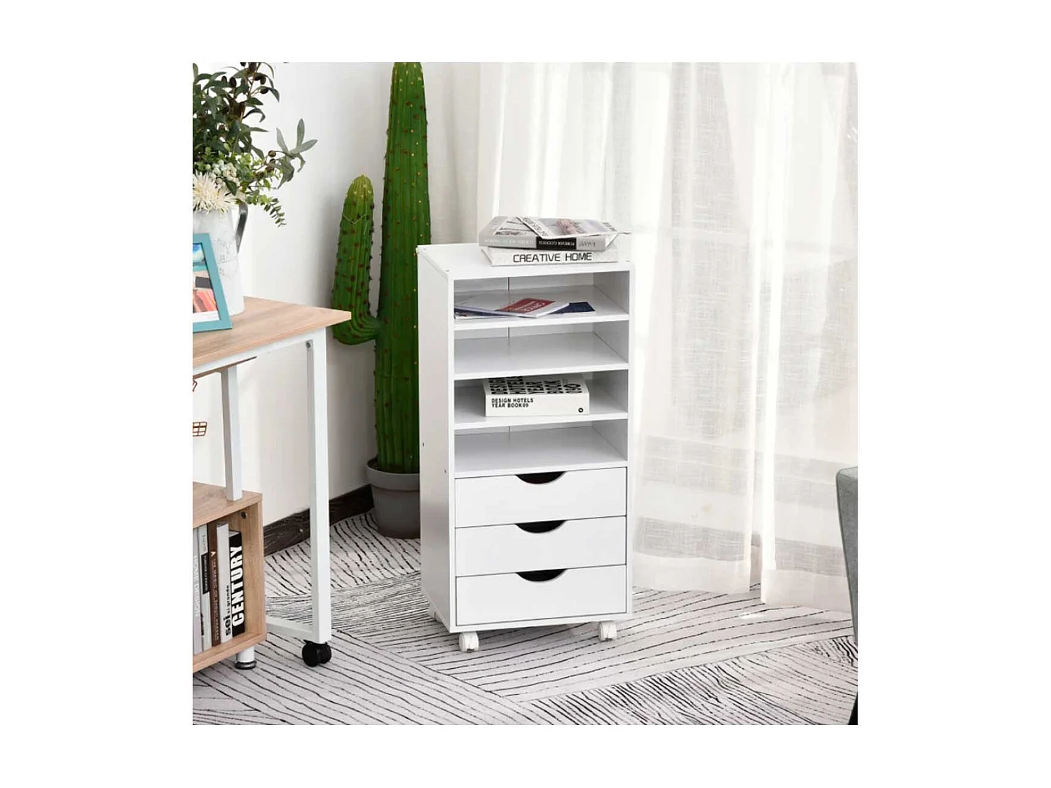 Mueble auxiliar Vinsetto 3 cajones + 4 estantes + ruedas blanco 83x40x30 cm