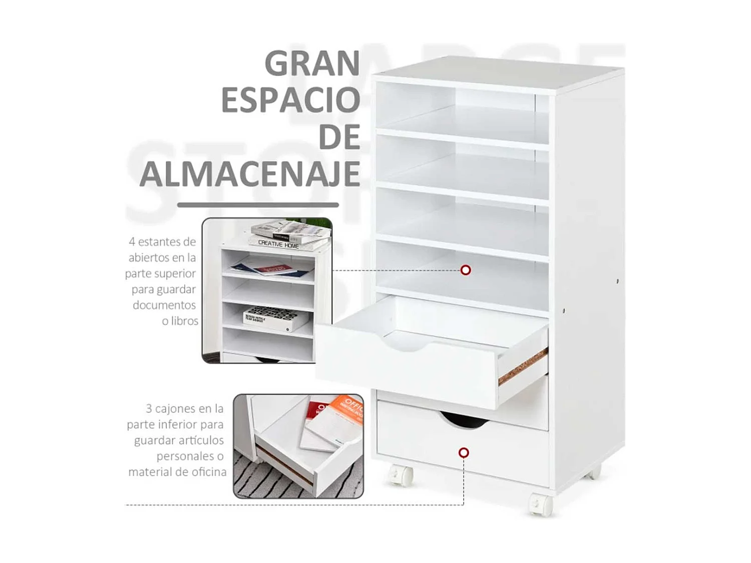 Mueble auxiliar Vinsetto 3 cajones + 4 estantes + ruedas blanco 83x40x30 cm