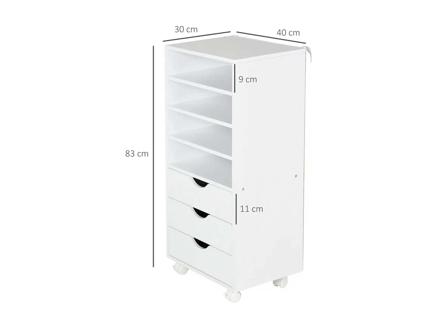 Mueble auxiliar Vinsetto 3 cajones + 4 estantes + ruedas blanco 83x40x30 cm
