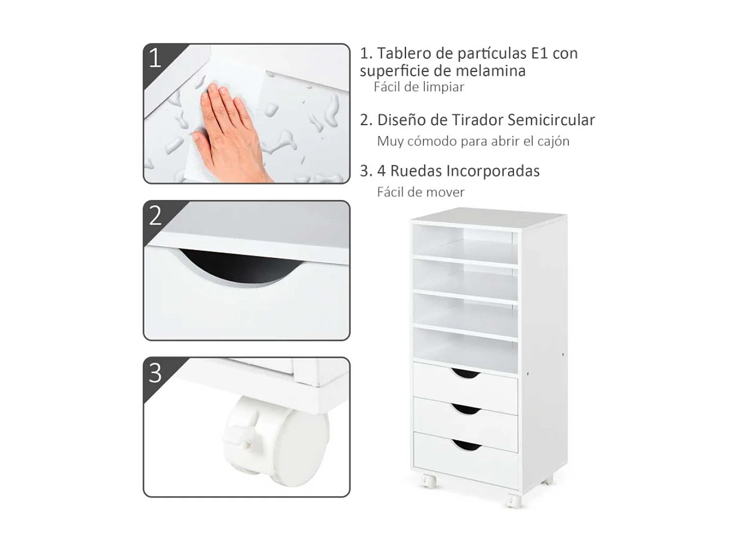 Mueble auxiliar Vinsetto 3 cajones + 4 estantes + ruedas blanco 83x40x30 cm
