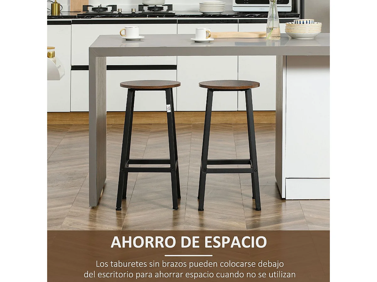 Pack de 2 taburetes altos Homcom Tauro melamina y acero marrón 65x32,5x32,5 cm