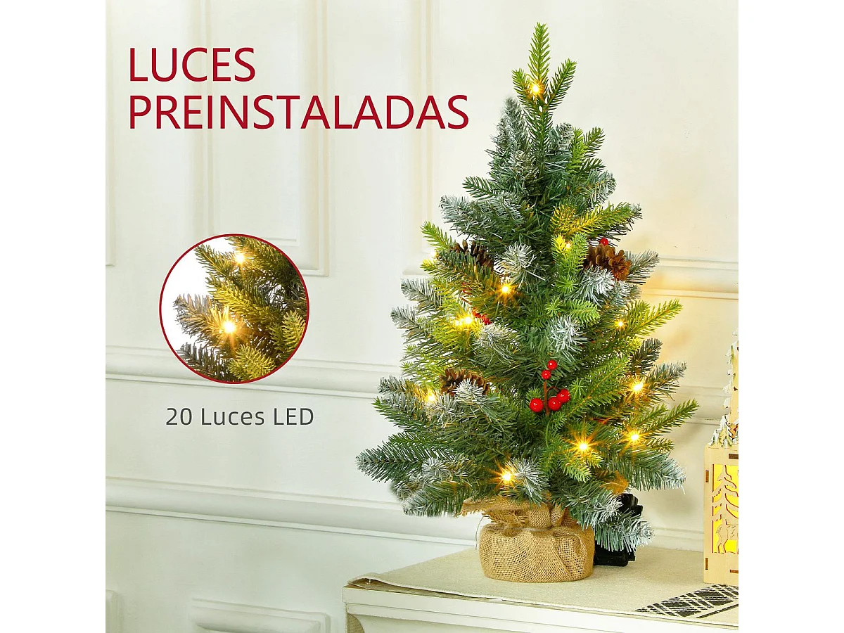 Árbol de Navidad Petit Homcom 43 ramas + 20 luces LED + decoraciones verde 60x43 cm