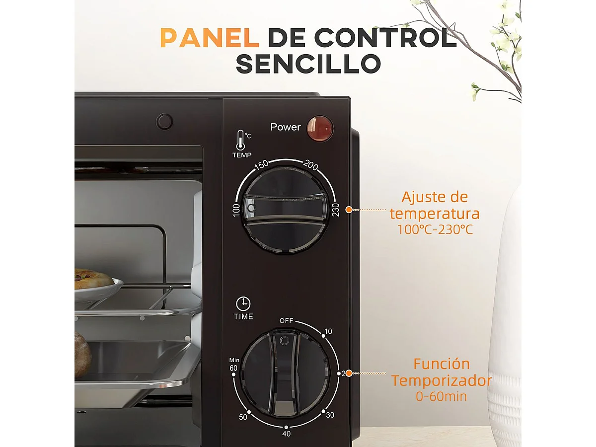 Mini horno eléctrico Homcom 750W 9L con temporizador negro 20x35x24,6 cm