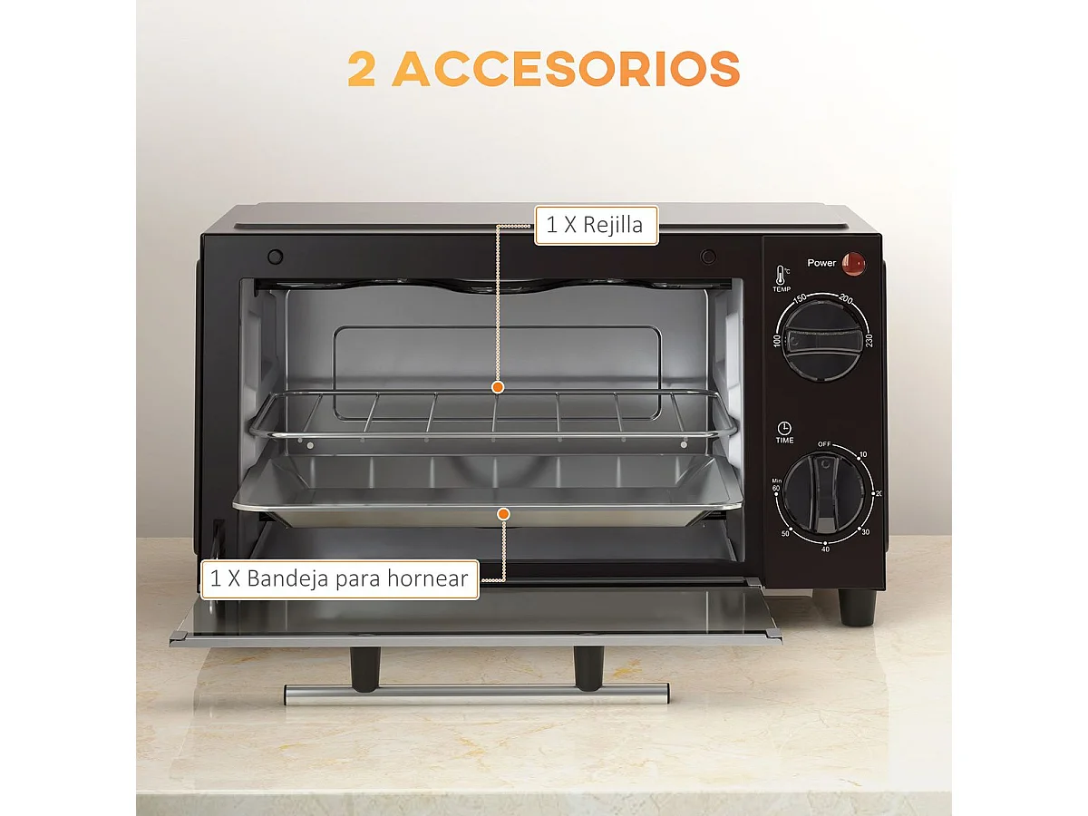 Mini horno eléctrico Homcom 750W 9L con temporizador negro 20x35x24,6 cm