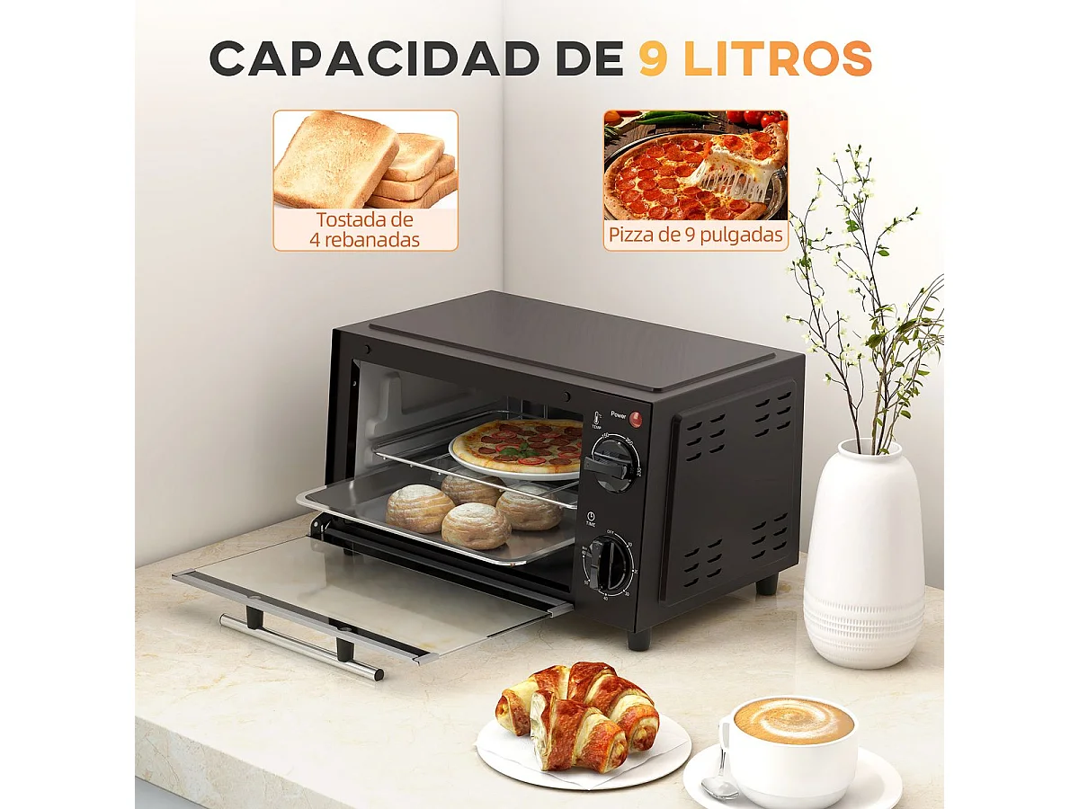 Mini horno eléctrico Homcom 750W 9L con temporizador negro 20x35x24,6 cm