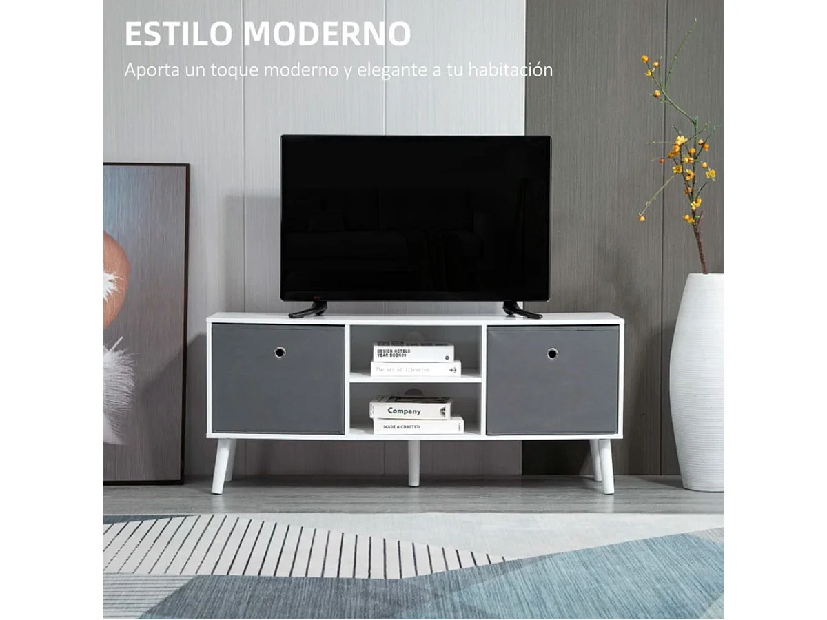 Mueble bajo de TV Homcom 2 estantes + 2 cajones de tela blanco/gris 46,5x110x29 cm