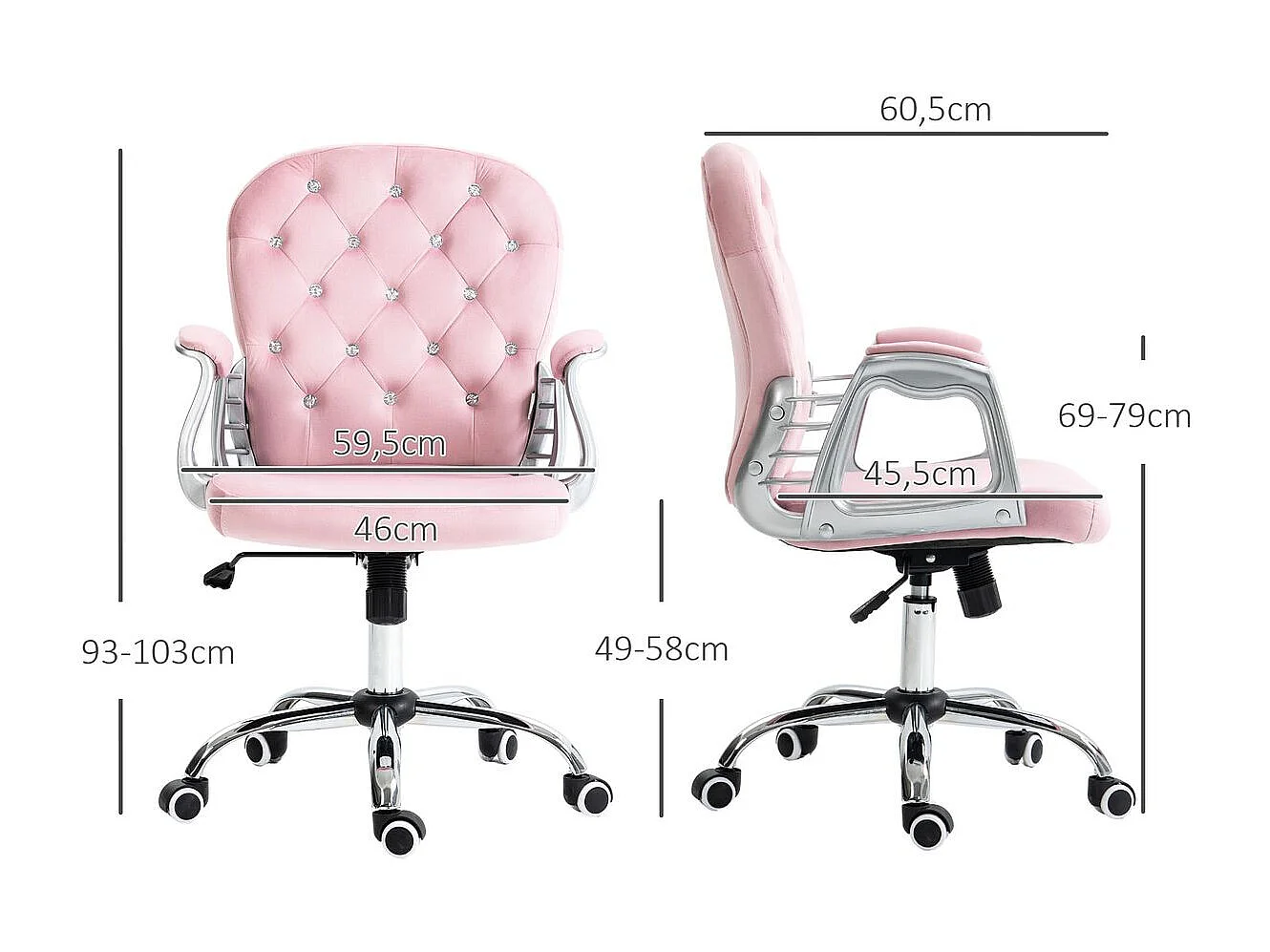 Silla de oficina Spring Vinsetto altura ajustable + respaldo inclinable rosa 93-103x59,5x60,5 cm