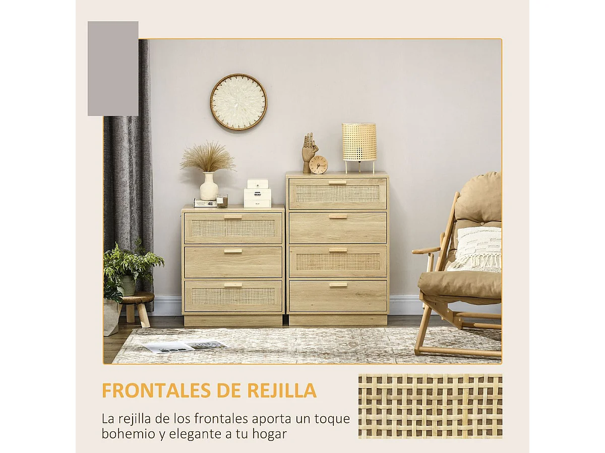 Cómoda Nassau Homcom 3 cajones estilo cannage natural 69x60x38 cm