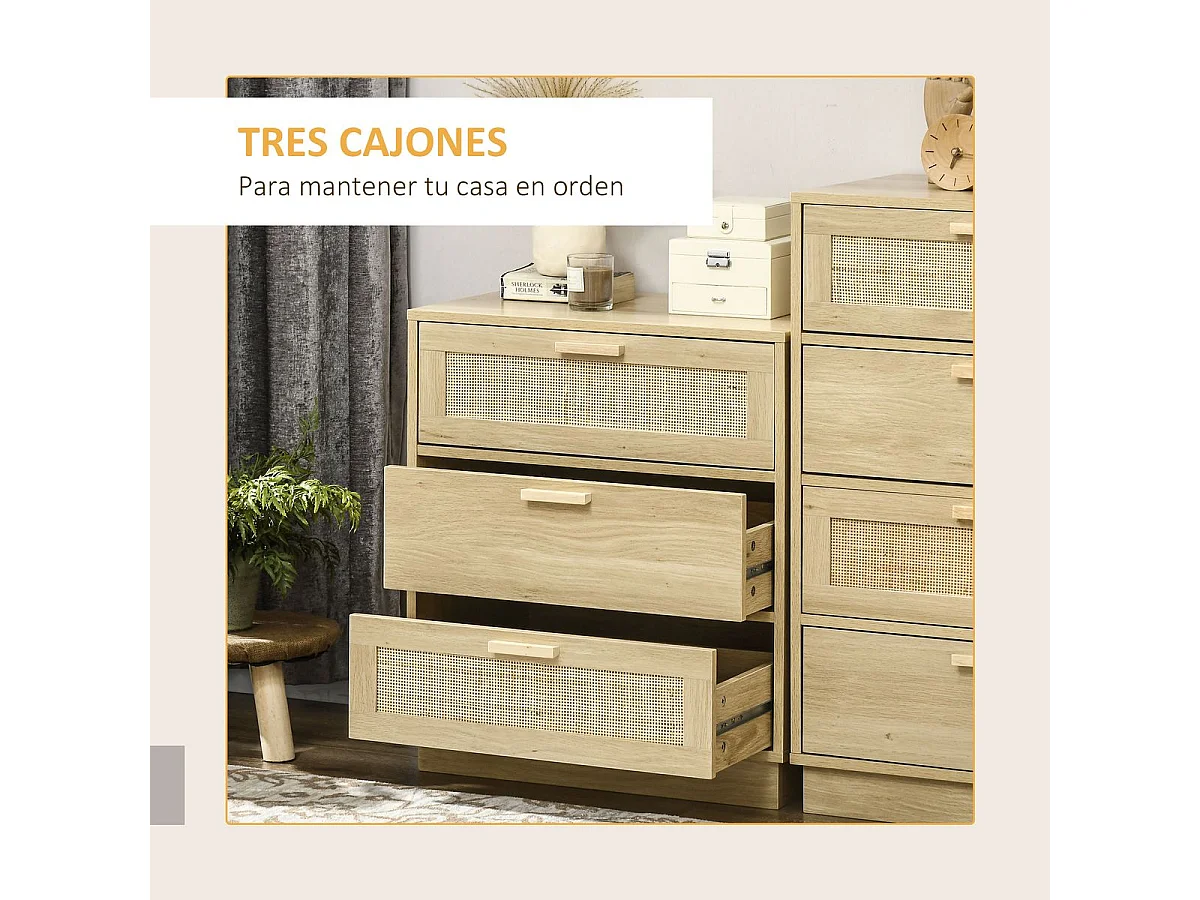 Cómoda Nassau Homcom 3 cajones estilo cannage natural 69x60x38 cm