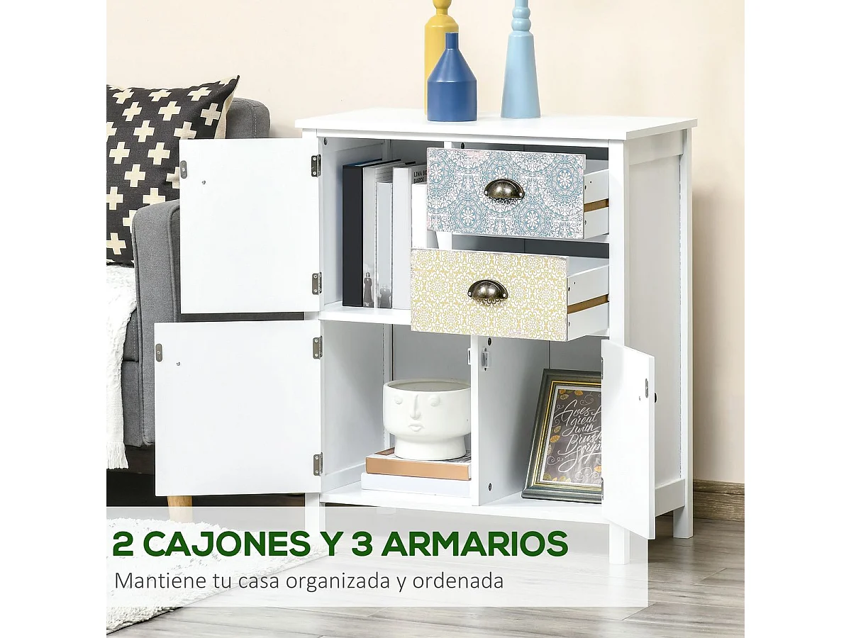 Cómoda Hortensia Homcom 2 cajones + 3 armarios blanco 80x68x34 cm