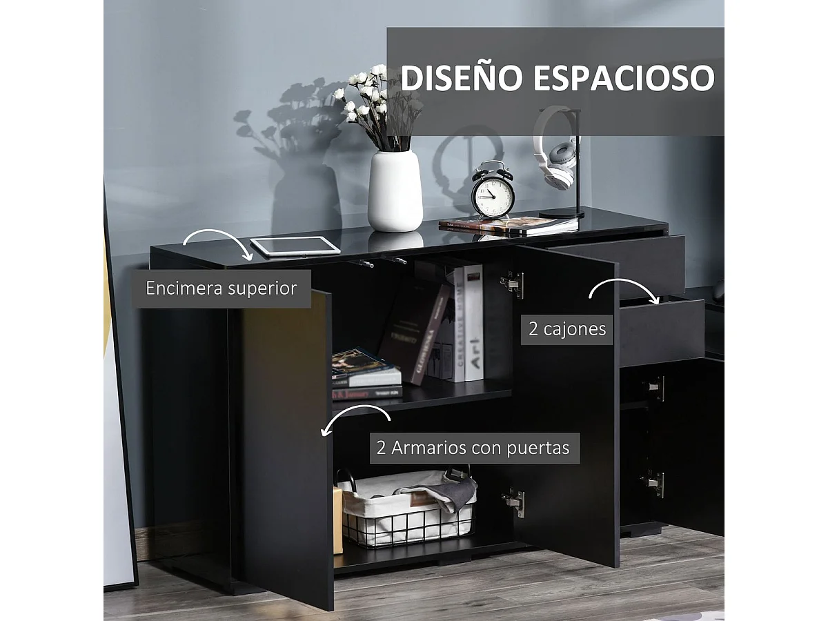 Aparador Shagrila Homcom 3 puertas + 2 cajones + estantes negro 74x117x36 cm