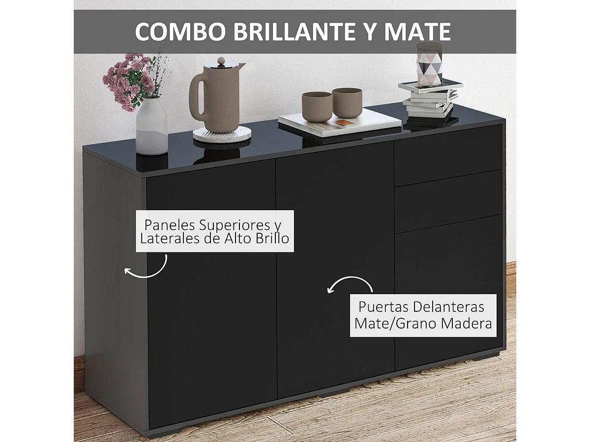 Aparador Shagrila Homcom 3 puertas + 2 cajones + estantes negro 74x117x36 cm