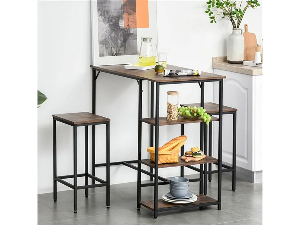 Conjunto de cocina Homcom mesa alta con estantes+2 taburetes negro/ marrón rústico