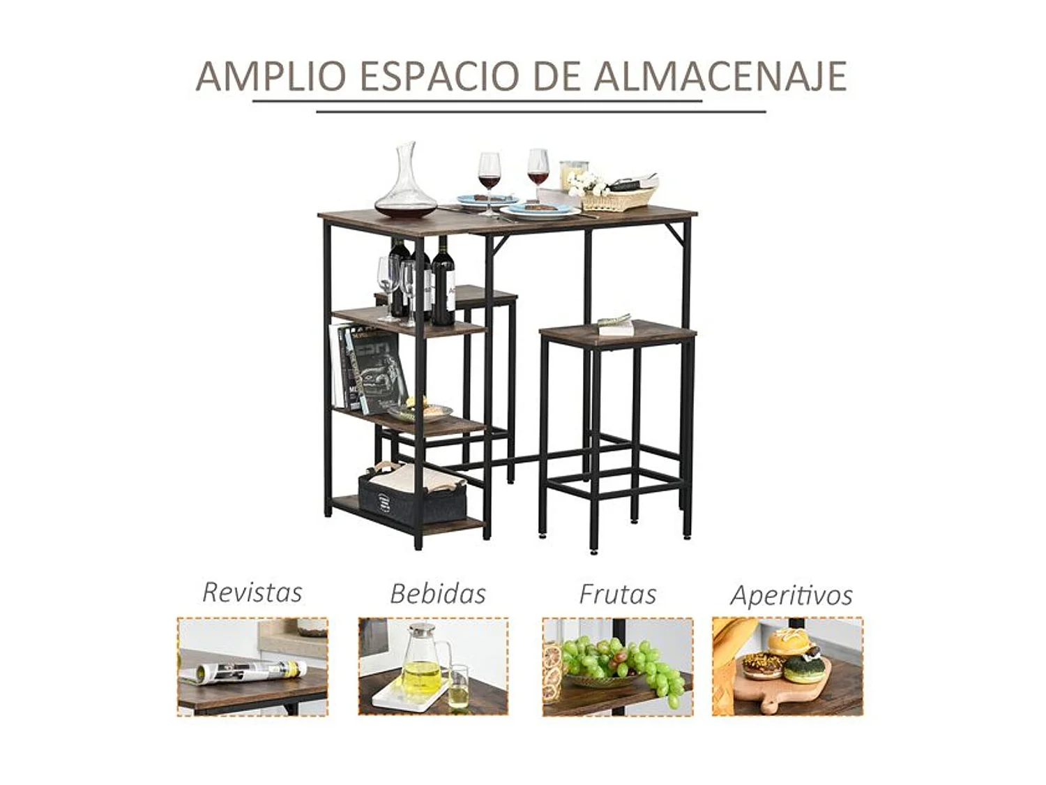 Conjunto de cocina Homcom mesa alta con estantes+2 taburetes negro/ marrón rústico