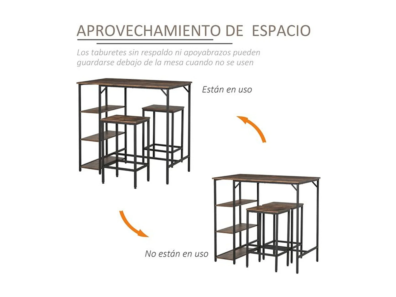 Conjunto de cocina Homcom mesa alta con estantes+2 taburetes negro/ marrón rústico