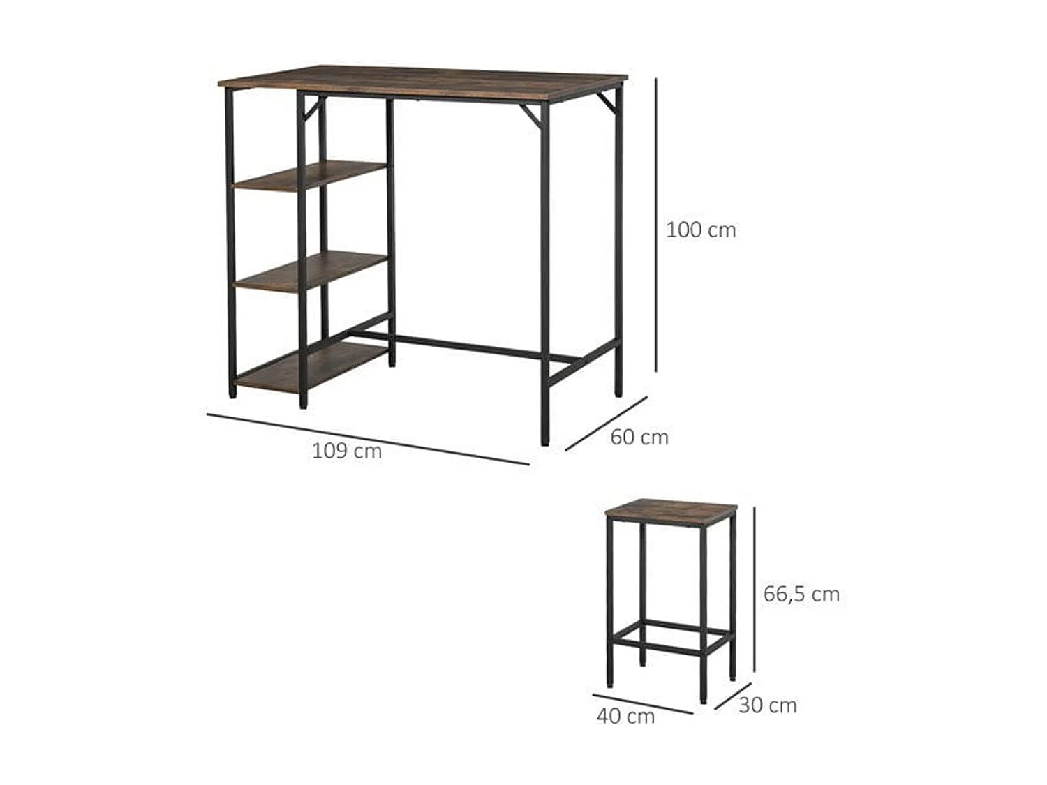Conjunto de cocina Homcom mesa alta con estantes+2 taburetes negro/ marrón rústico