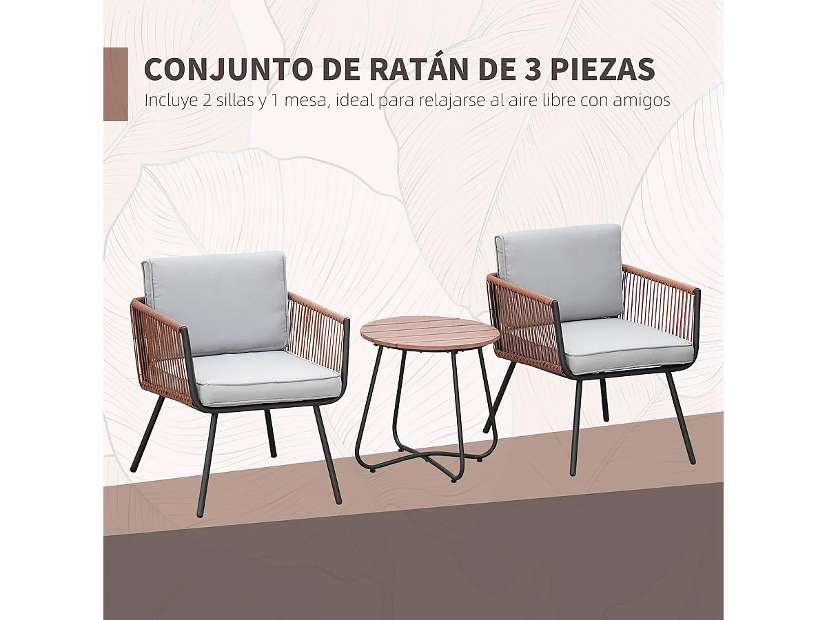 Conjunto de jardín Palawan Outsunny 2 sillones + 1 mesa marrón/gris