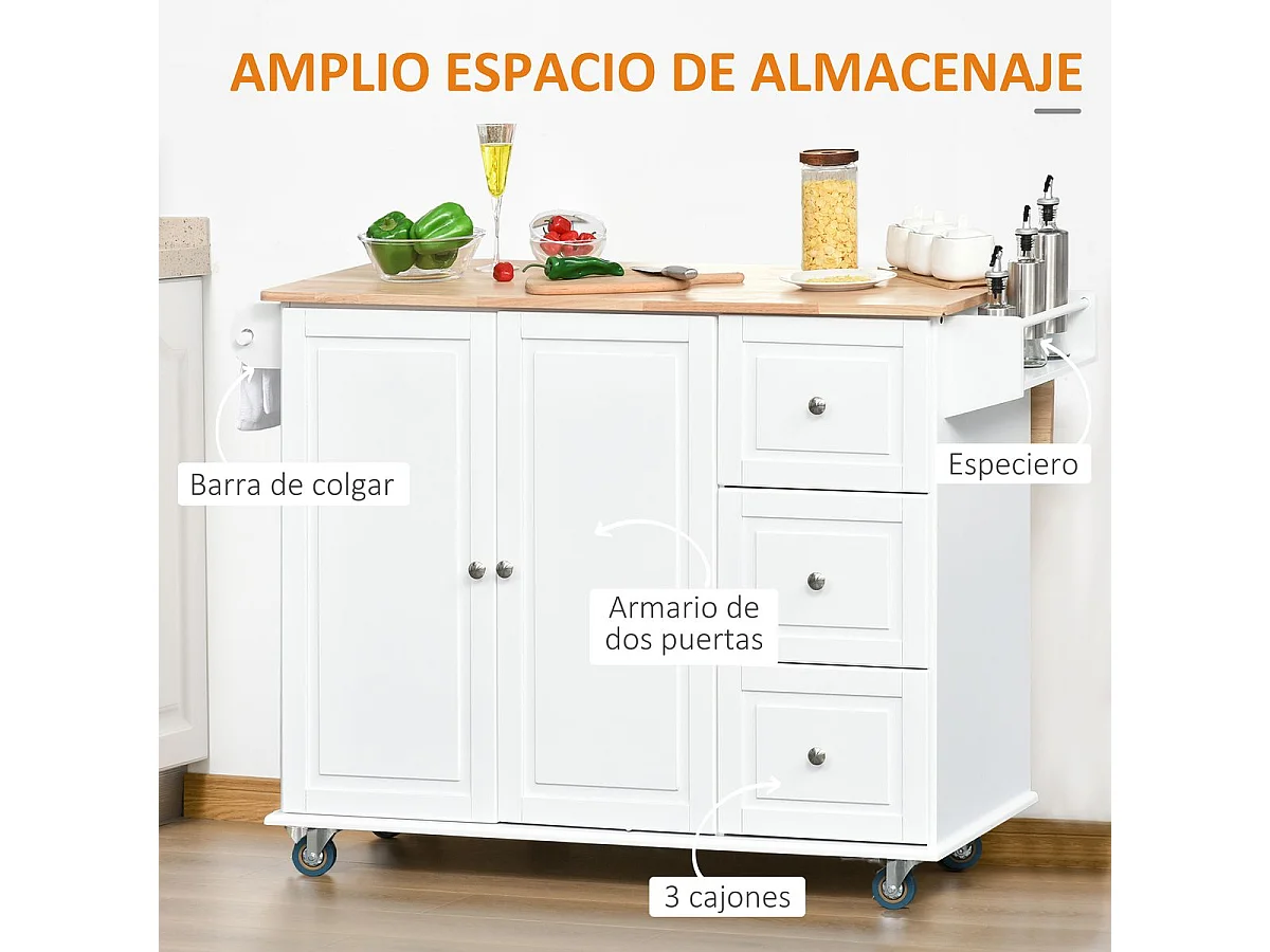 Isla de cocina Kalos Homcom extensible con ruedas blanco 92,5x128,8x75,5 cm